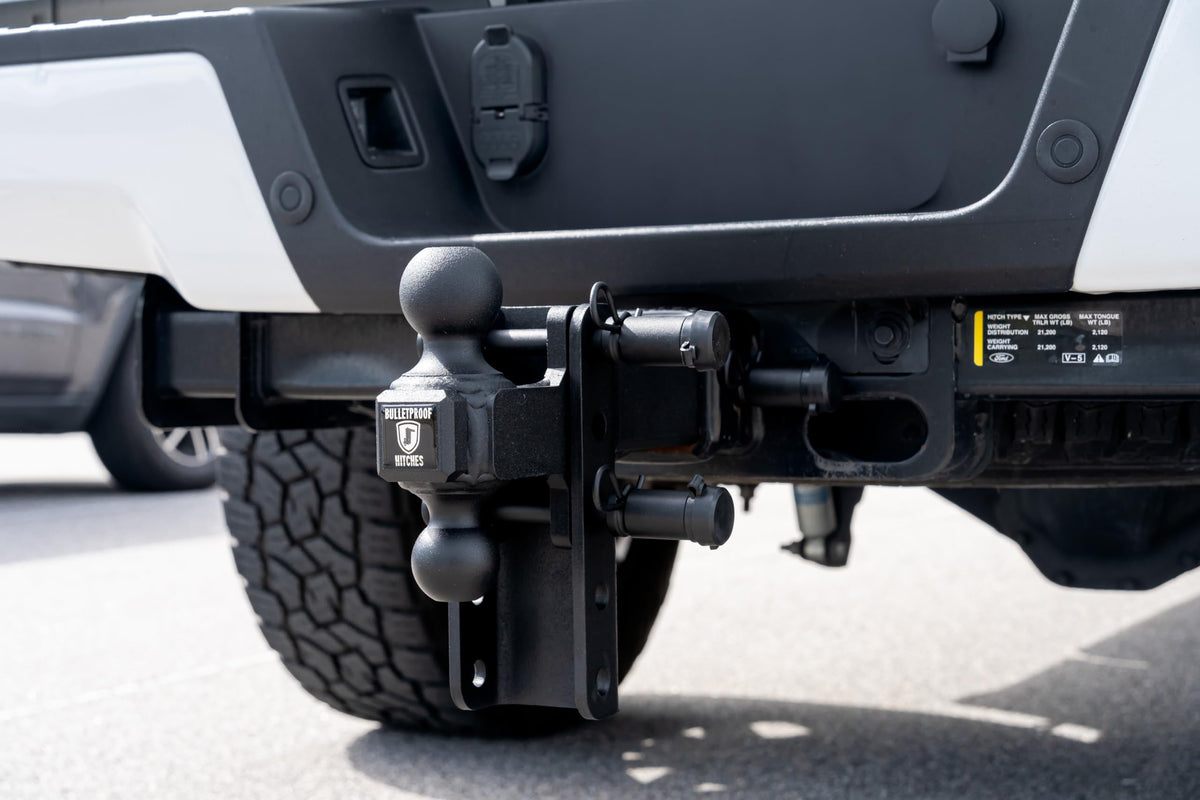 BulletProof Hitches locking pin installed on a trailer hitch illustrating reliable hold and theft deterrence
