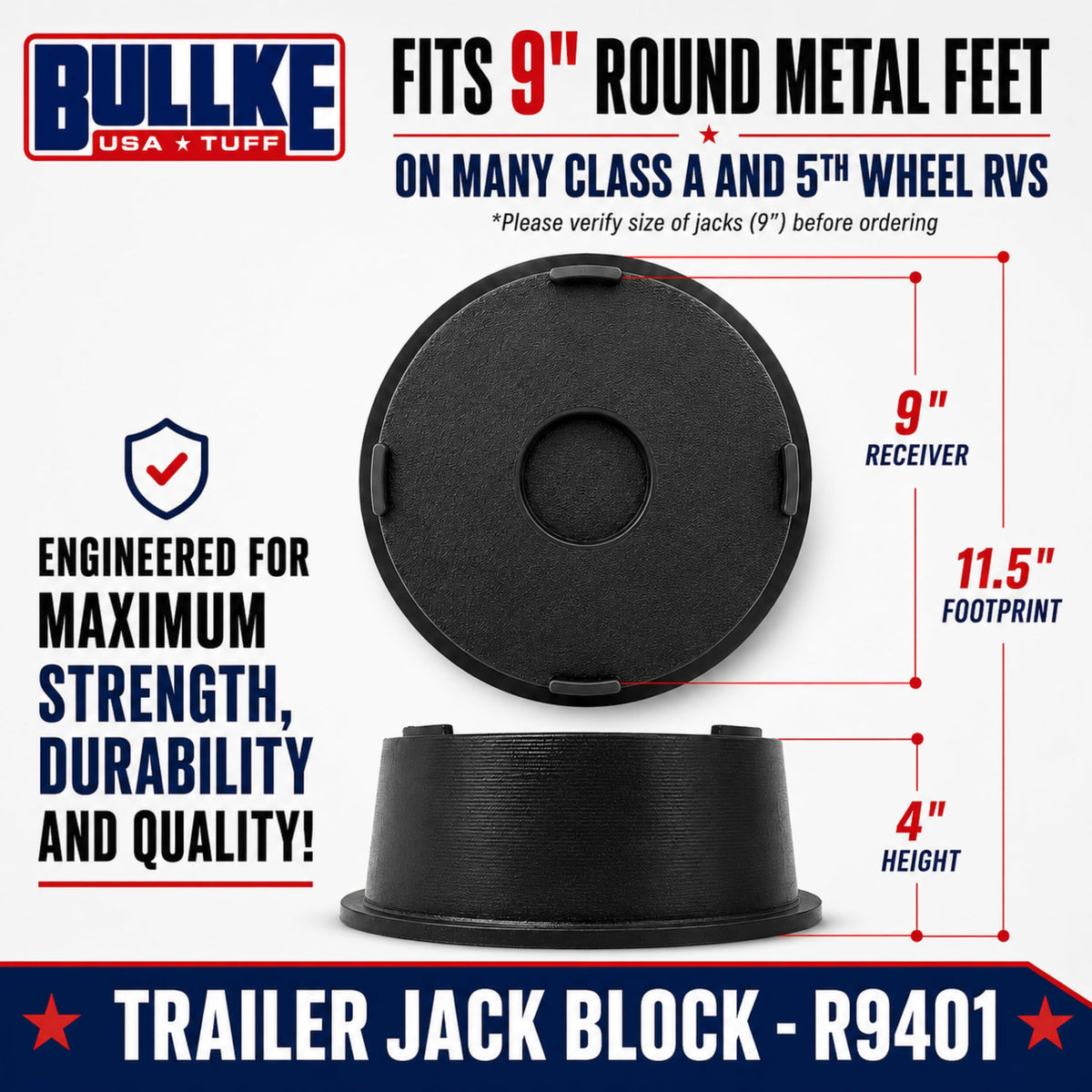 bullke block placed under a tongue jack demonstrating stable support benefit
