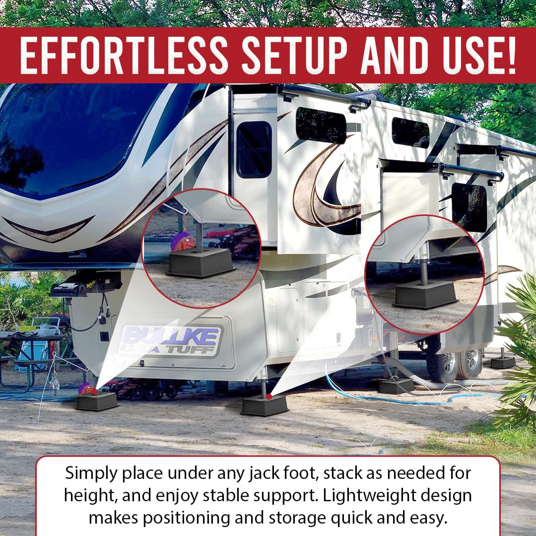 bullke campsite scene with blocks under jack showing reliable leveling