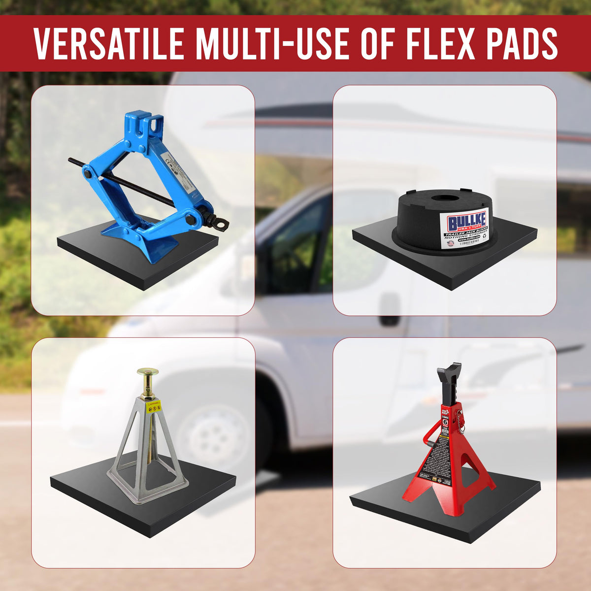 bullke pad under RV jack in use providing stability on gravel