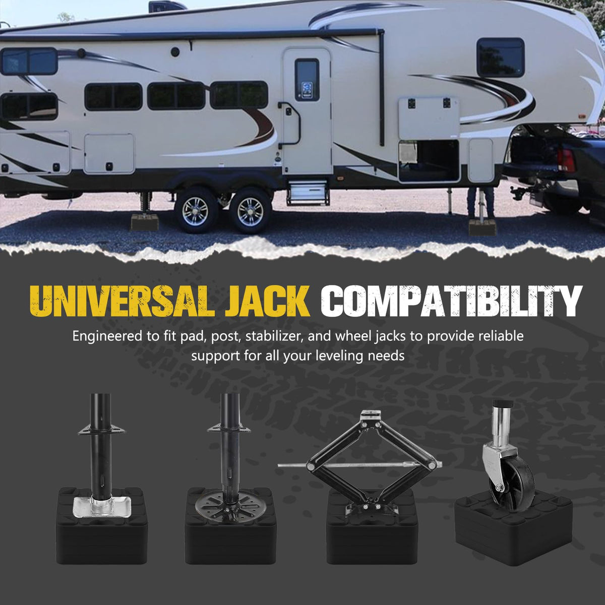 BUNKER INDUST drive-on pad under RV tire demonstrating quick leveling and stability