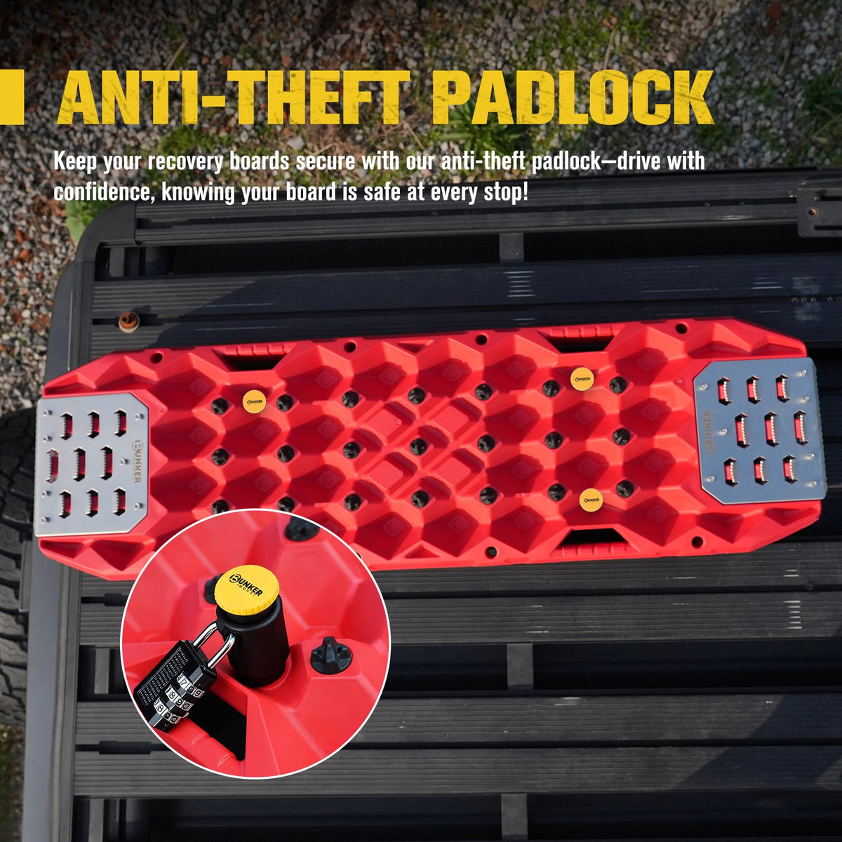 BUNKER INDUST padlock and stainless hardware showing theft deterrent protection
