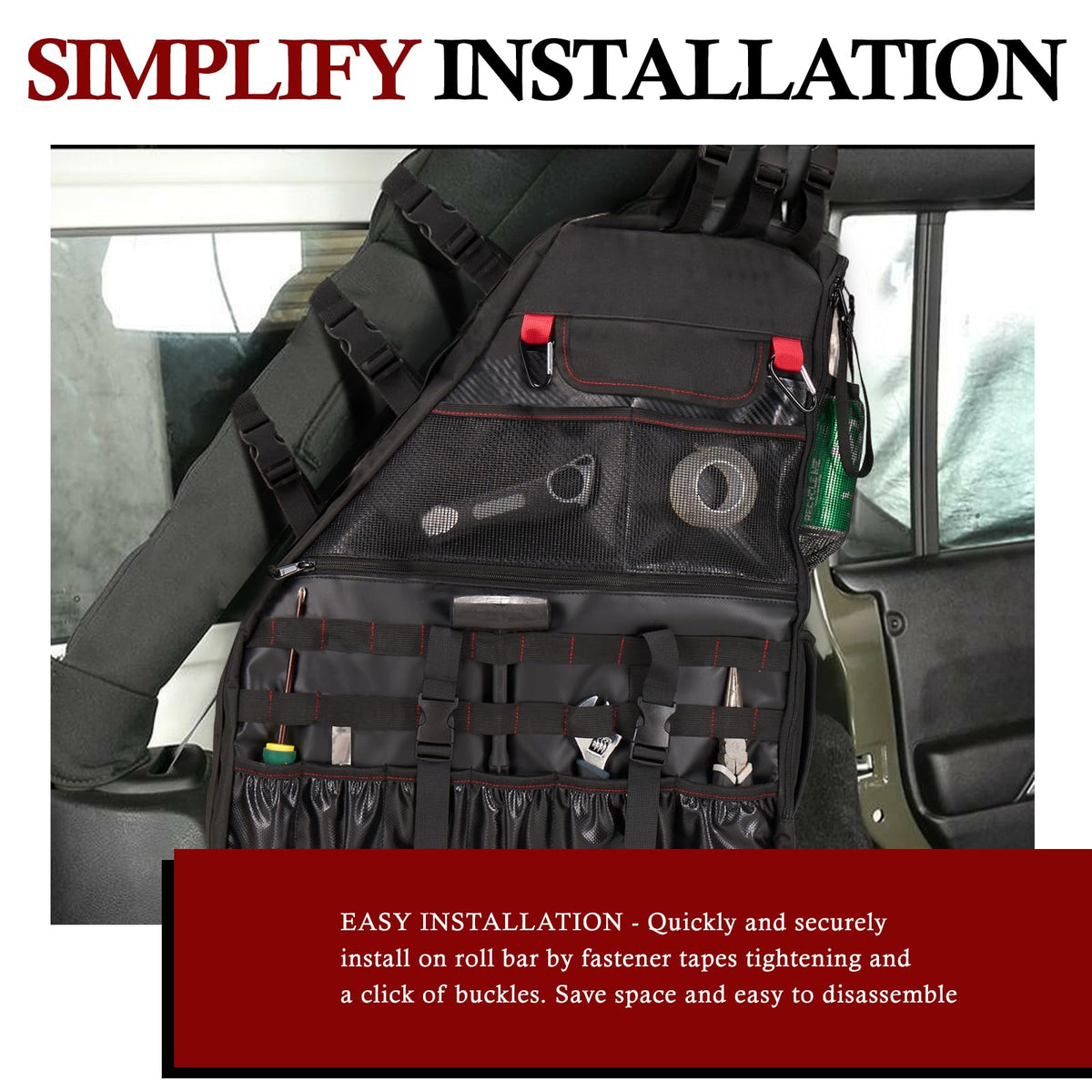 BUNKER INDUST installed on Jeep roll bar keeping cabin floor clear and accessible
