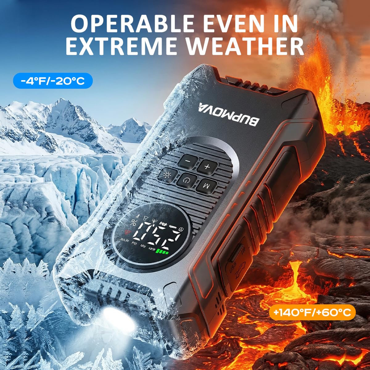 BUPMOVA beside a smartphone showing portable power-bank convenience