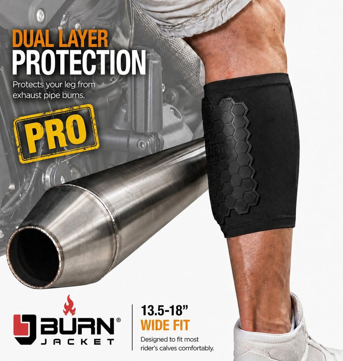 Burn Jacket Pro on a motorcycle illustrating exhaust protection in use