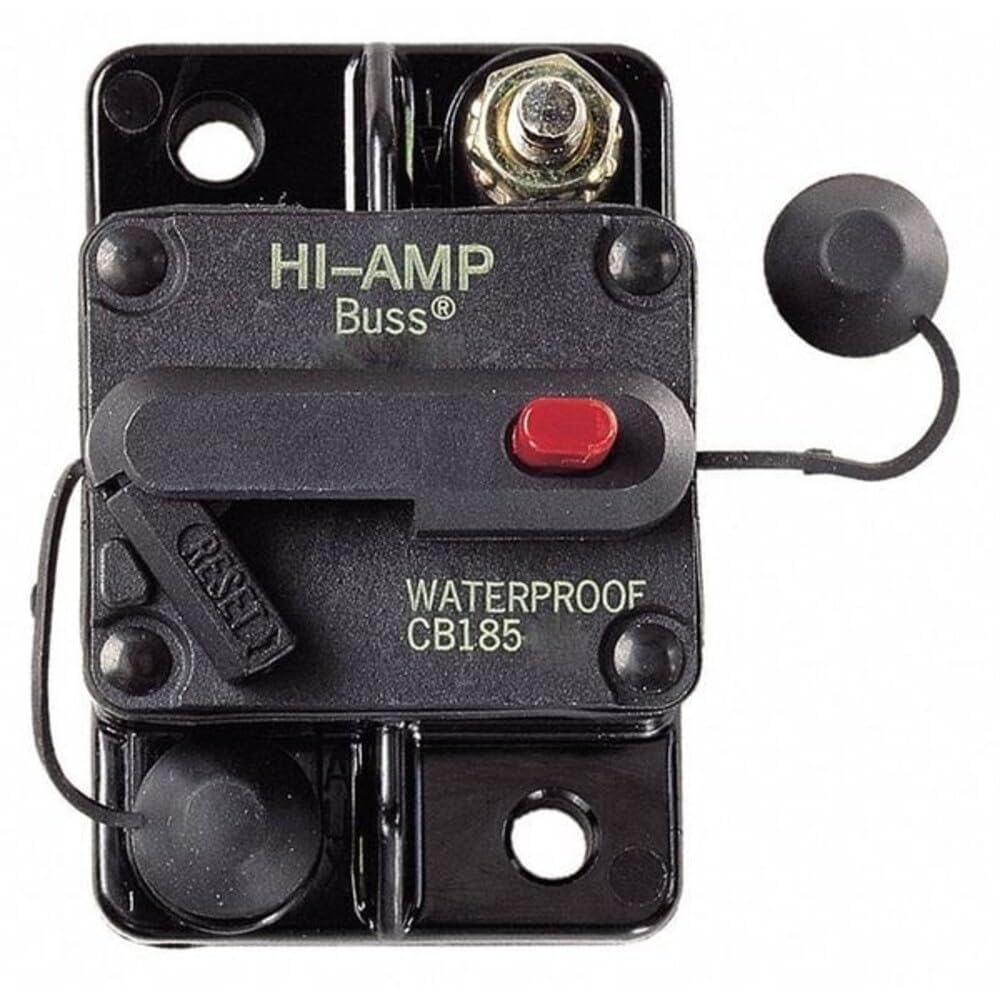 Bussmann CB185 front panel showing flush mount and push-to-trip for quick shutoff