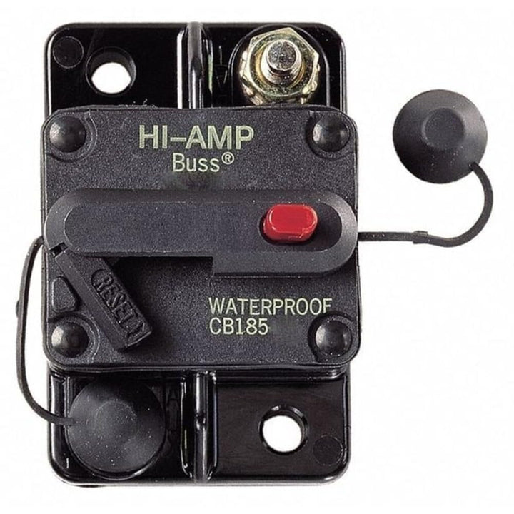Bussmann CB185 front panel showing flush mount and push-to-trip for quick shutoff
