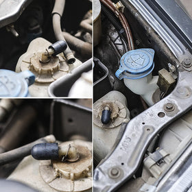 BUSY-CORNER cap fitted on a vacuum hose in an engine bay for testing