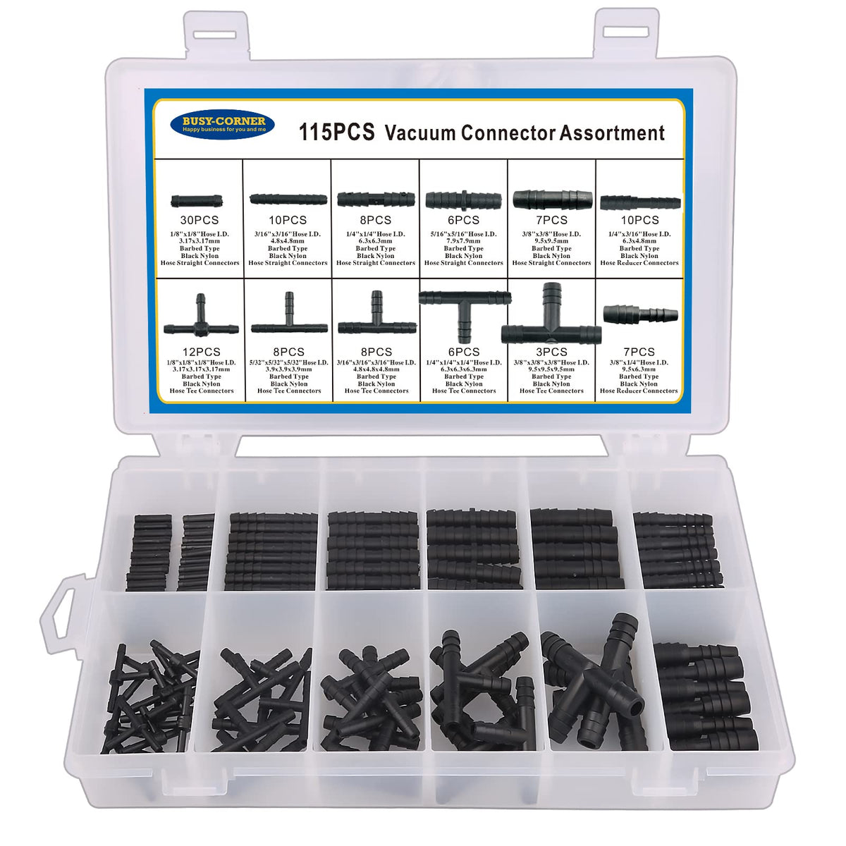 BUSY-CORNER front packaging showing organized connector assortment and quick access