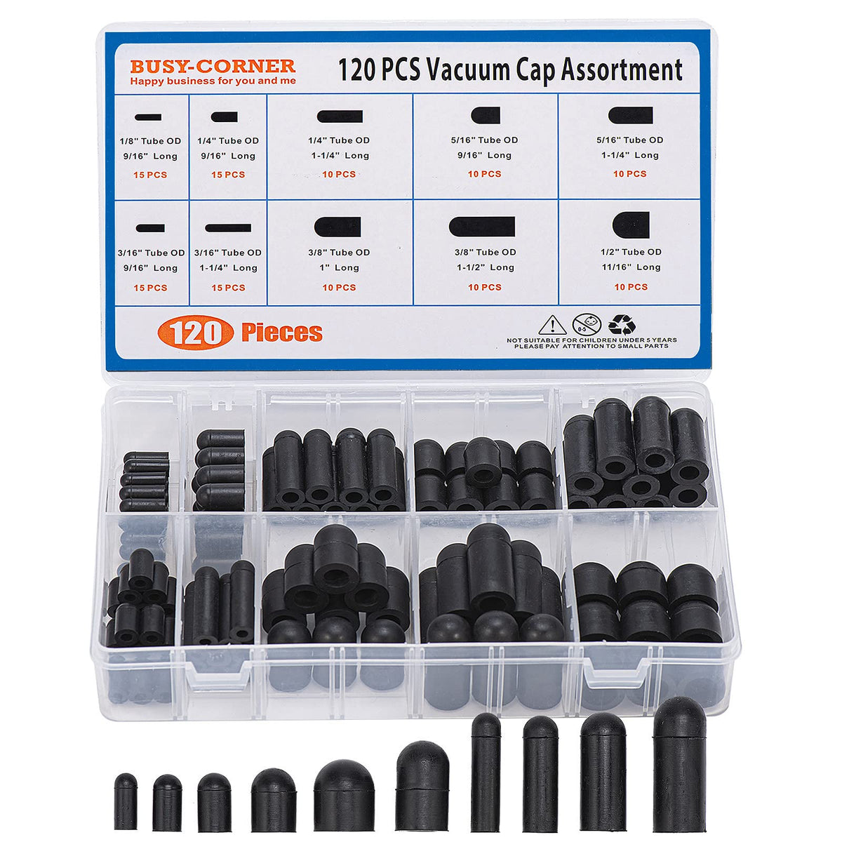 BUSY-CORNER front packaging showing full 120-piece kit and benefits