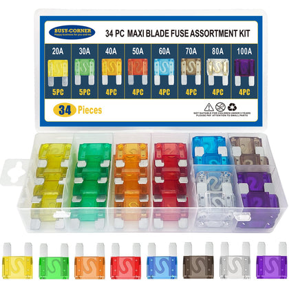 BUSY-CORNER front view of 34-piece maxi fuse kit showing organized case and labels for quick access
