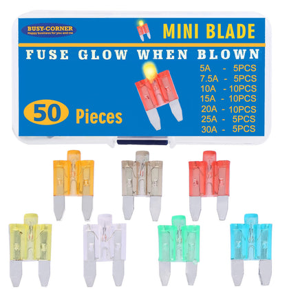 BUSY-CORNER front packaging showing 50-piece mini blade fuse kit for easy storage