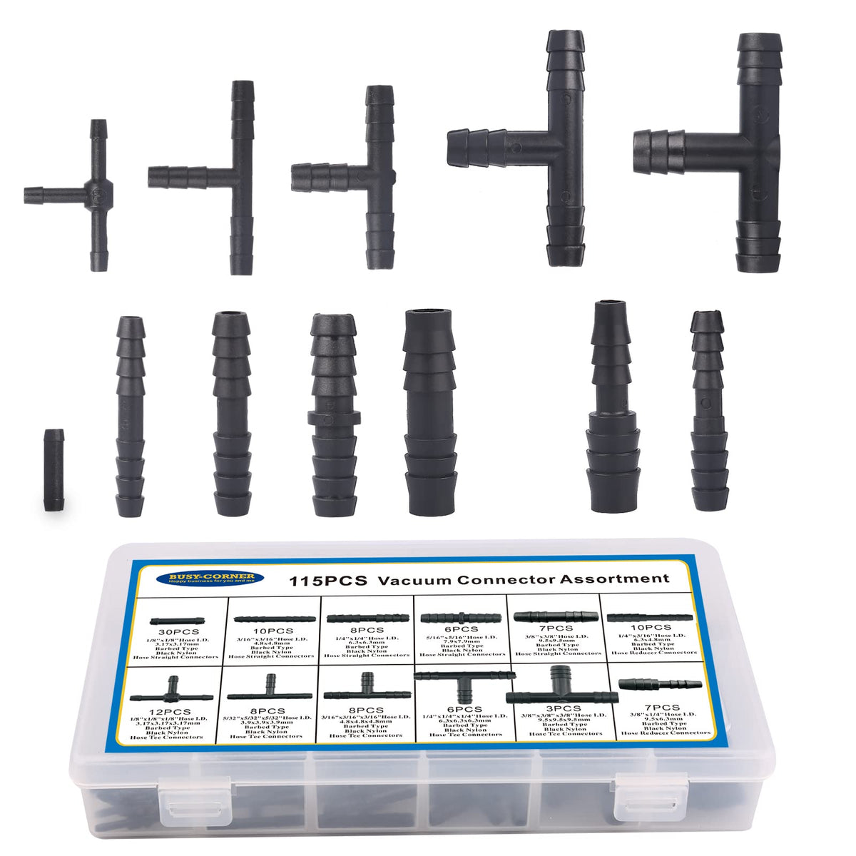 BUSY-CORNER straight connector beside ruler showing scale and sizing benefit