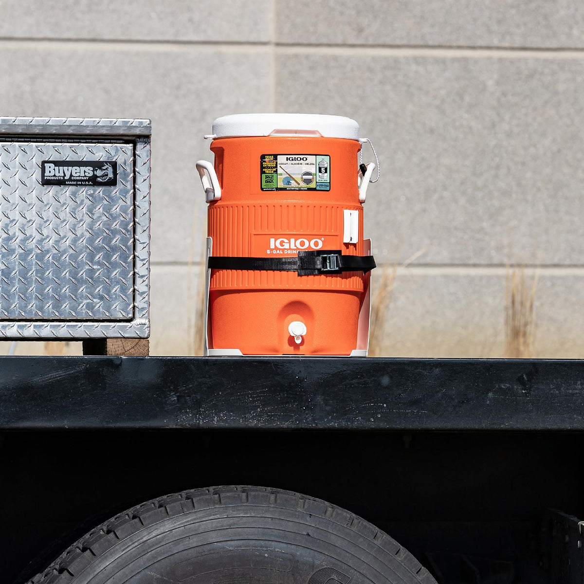 Buyers Products lifestyle shot at worksite showing accessible hydration for crews on the move
