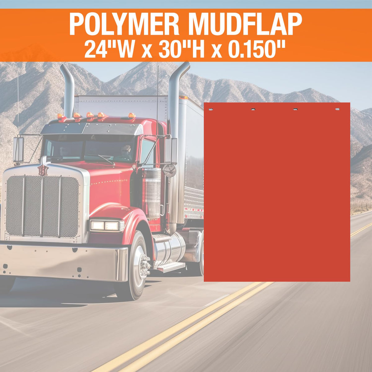 Buyers Products mud flap on truck in snowy road showing cold-weather performance benefit