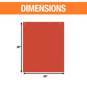 Buyers Products mud flap beside ruler illustrating 24x30 inch size and fitment benefit