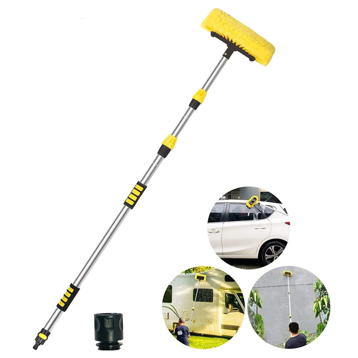 Buyplus front view of brush and telescopic pole showing sturdy build and easy handling benefit