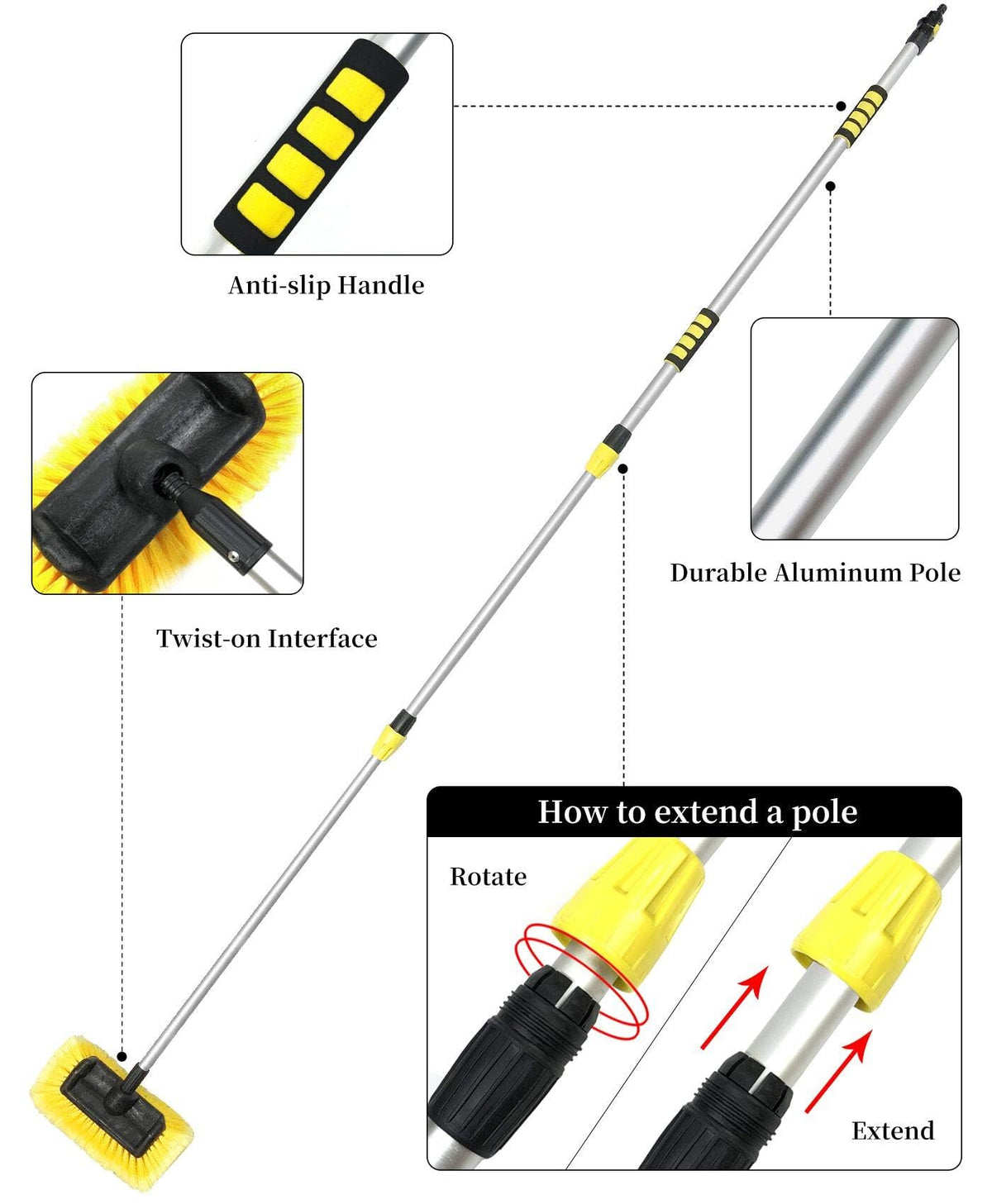 Buyplus pole alongside a person demonstrating 12-foot reach for safer high-surface cleaning benefit