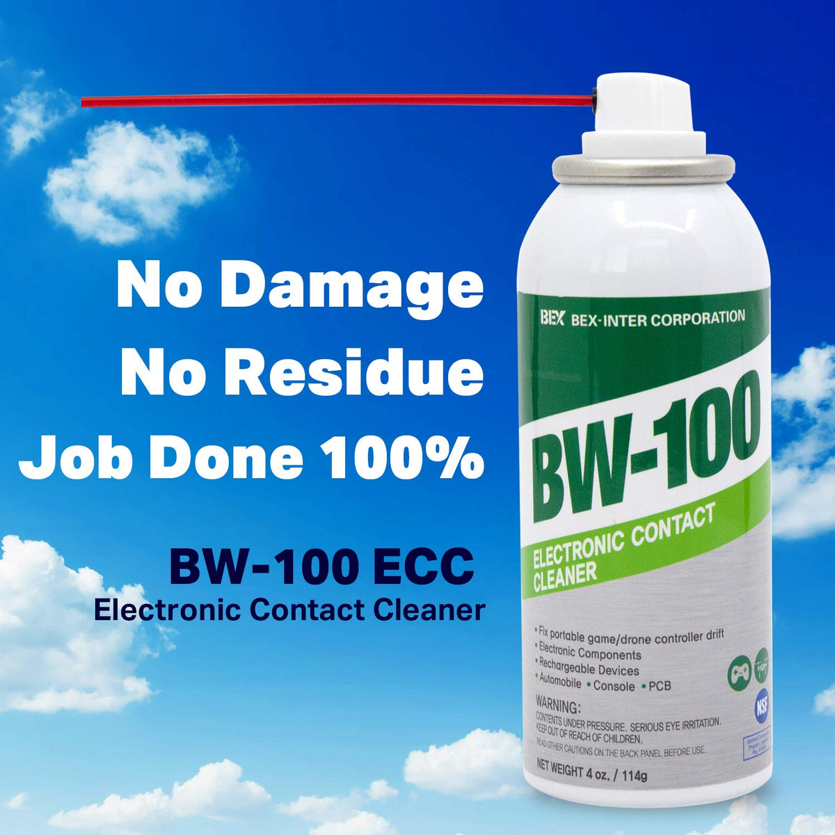 BW-100 safety icons noting non-flammable storage benefit