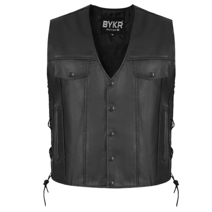 BYKR front view black vest showing pockets and silhouette benefit: polished biker style