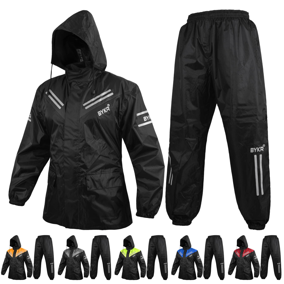 BYKR front view jacket and pants showing full rain coverage and mobility