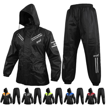 BYKR front view jacket and pants showing full rain coverage and mobility