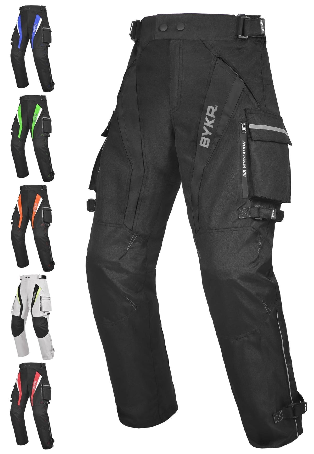 BYKR front view overpants showing fit and reflective accents for safety