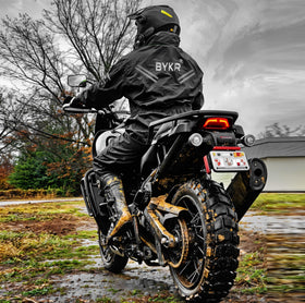 BYKR in use on motorcycle demonstrating wet weather mobility and coverage