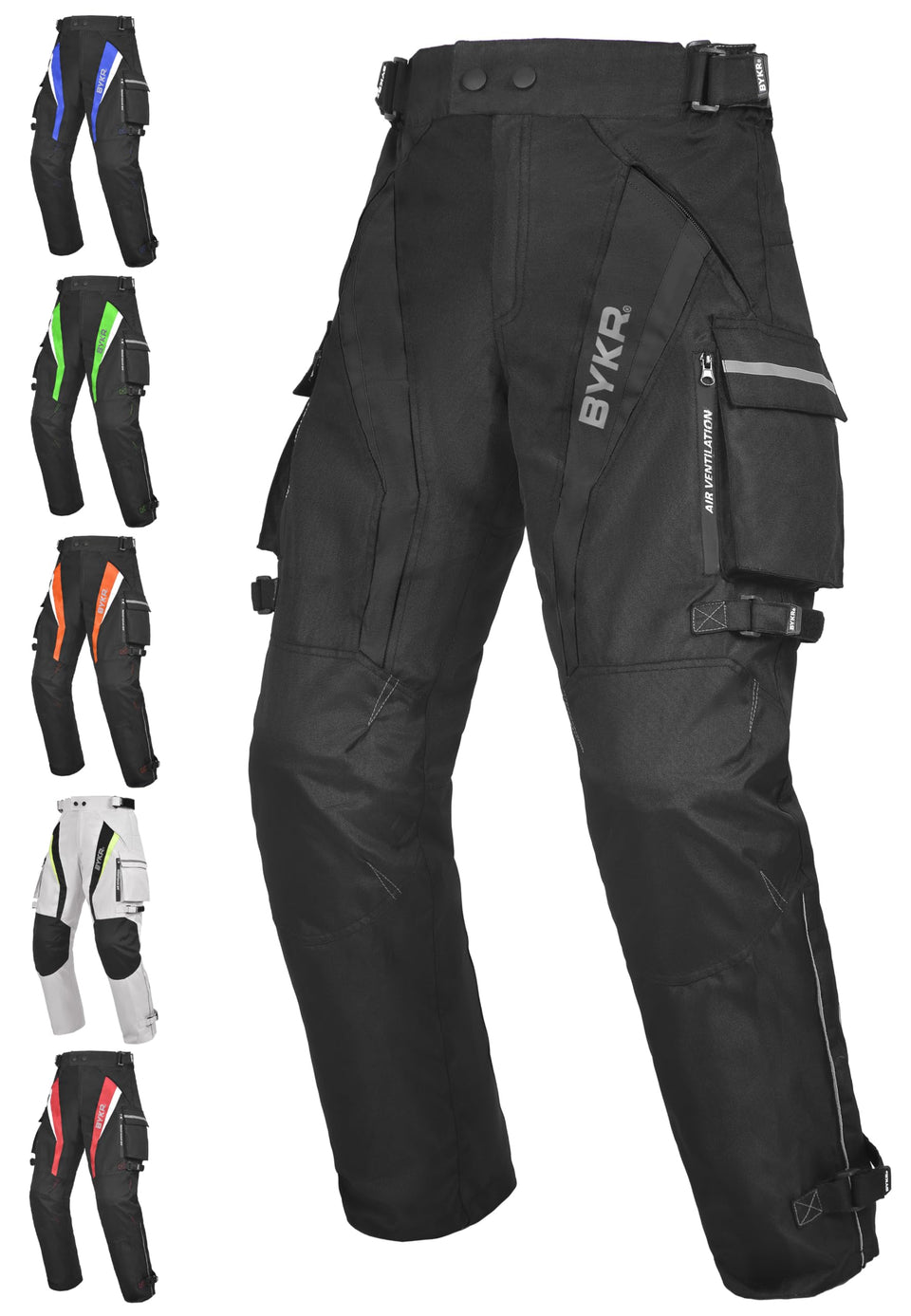 BYKR overpants front view showing fit and reflective accents for visibility