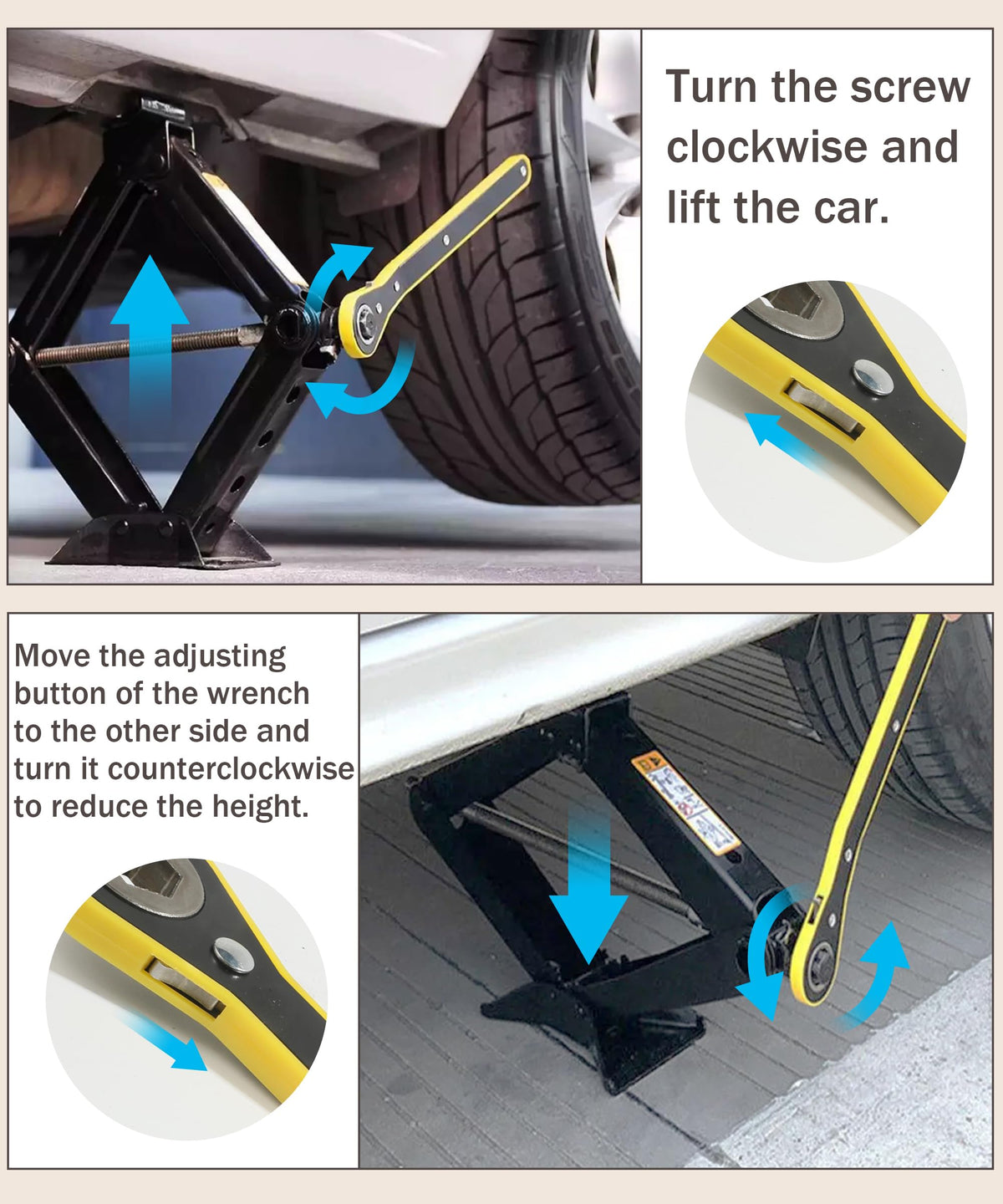 bylikeho scissor jack beside a hand illustrating compact size and portability