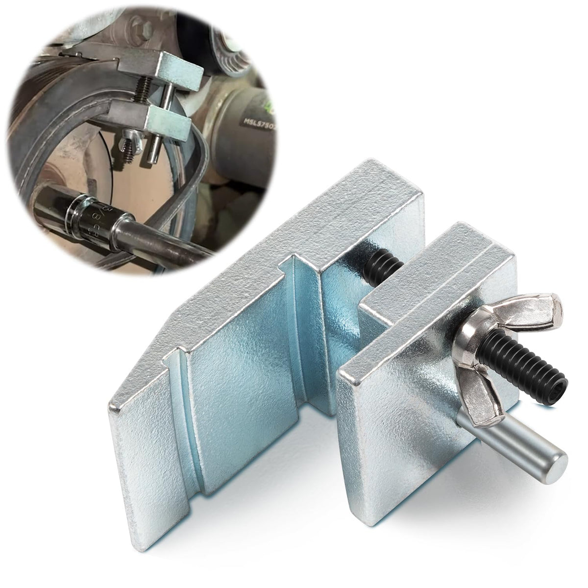 Bzcovac front view showing tool seated on pulley for safe belt fit