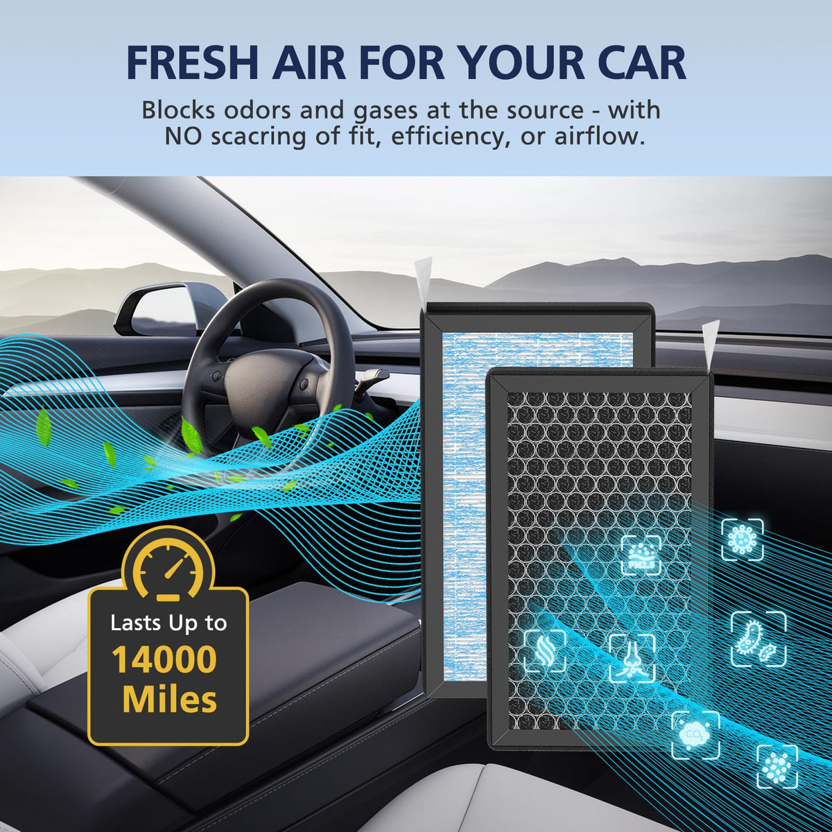 Cabiclean filter in lifestyle driving scene highlighting fresher cabin air
