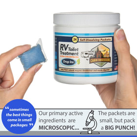 Cabin Obsession packet dissolving in toilet showing fast activation benefit