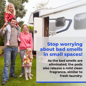 Cabin Obsession in an RV bathroom showing discreet odor control benefit