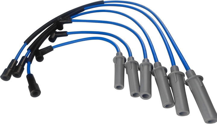 Cable Master front view of blue spark plug wires showing set and packaging for easy fitment