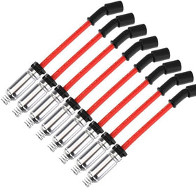 Cable Master front view of red 8-piece spark plug wire set showing fit and color benefit