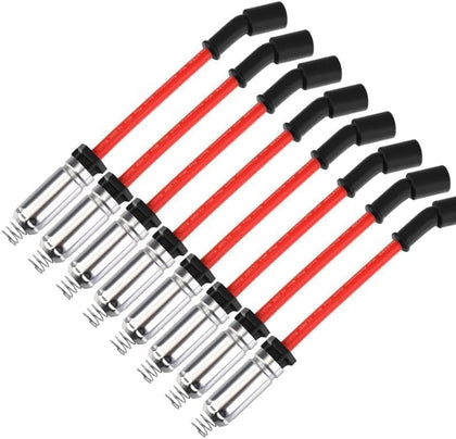 Cable Master front view of red 8-piece spark plug wire set showing fit and color benefit