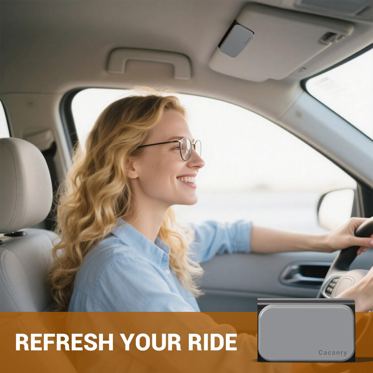 Cacanry lifestyle driving interior depicting calming scent benefit while on the road