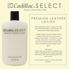 Cadillac leather lotion label close-up highlighting conditioning benefit