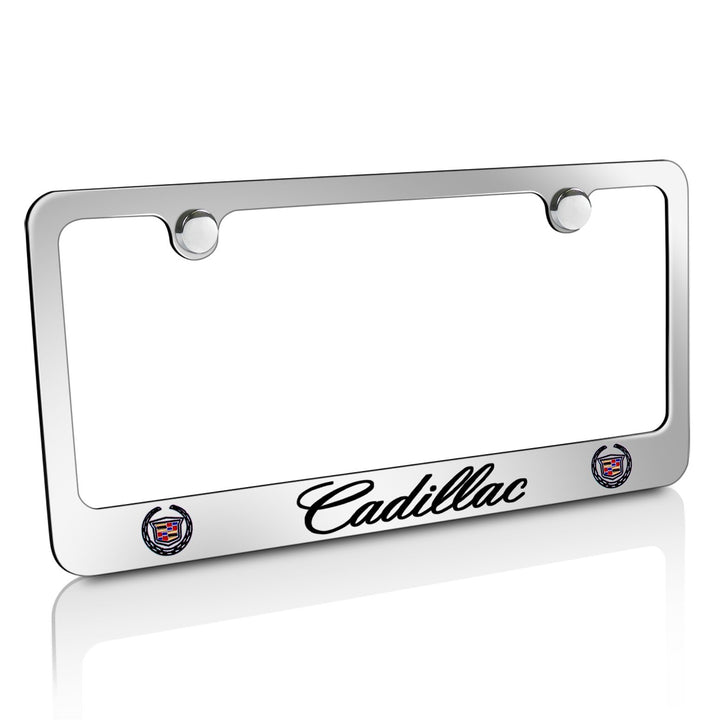 Cadillac metal frame front view showing chrome finish and included screw covers