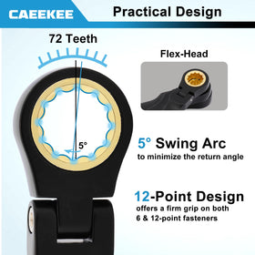 CaeeKee ratchet teeth detail highlighting 72-tooth mechanism for precise 5° swing