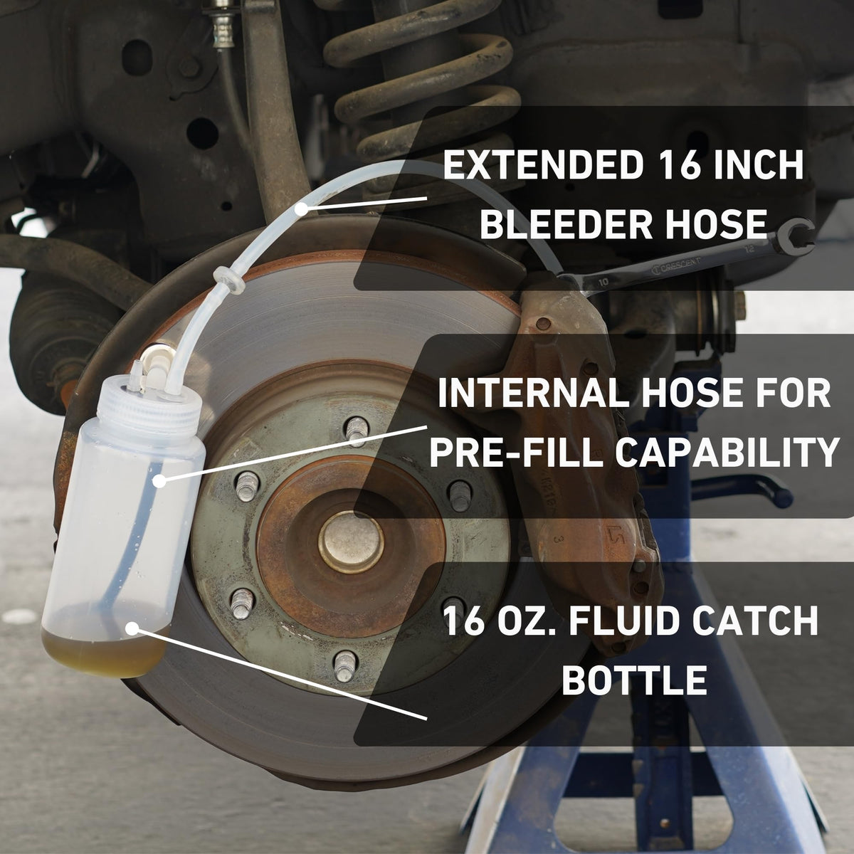 Cal-Spec Tools catch bottle attached to caliper demonstrating hands-free bleeding