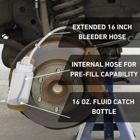 Cal-Spec Tools catch bottle attached to caliper demonstrating hands-free bleeding