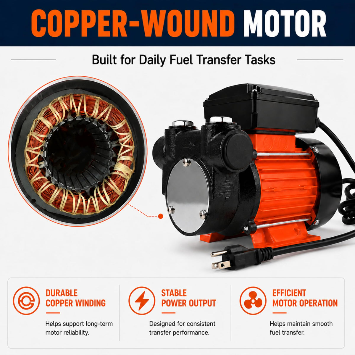 Calenon copper-wound motor with rear cooling cover showing efficient cooling for longer run times benefit