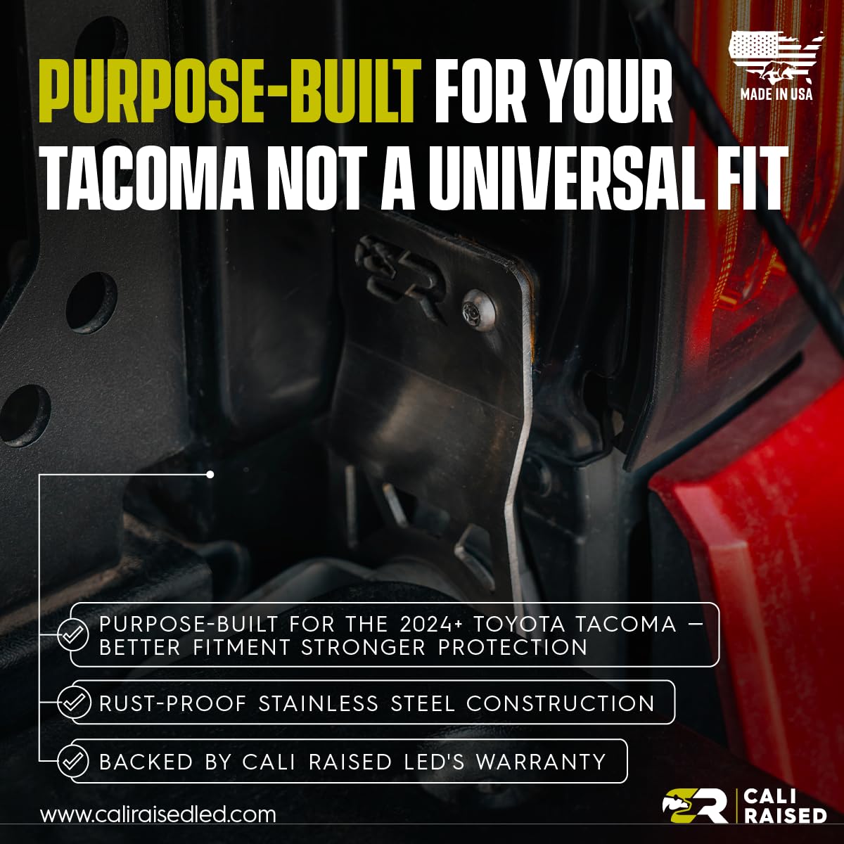 Cali Raised LED lifestyle shot with Tacoma at campsite showing added security outdoors