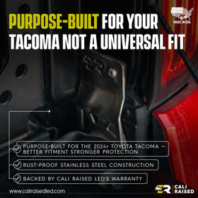 Cali Raised LED lifestyle shot with Tacoma at campsite showing added security outdoors