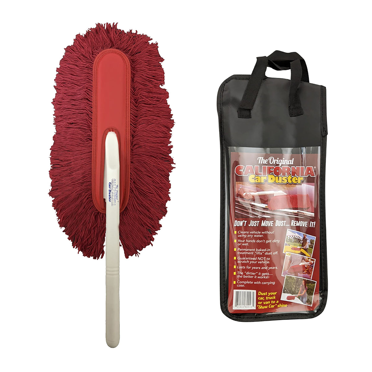 California Car Duster front packaging showing product and case, promotes convenience
