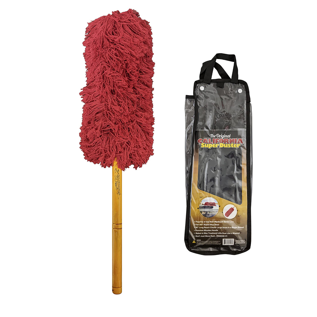 California Car Duster front view showing red X-large mophead and reach benefit
