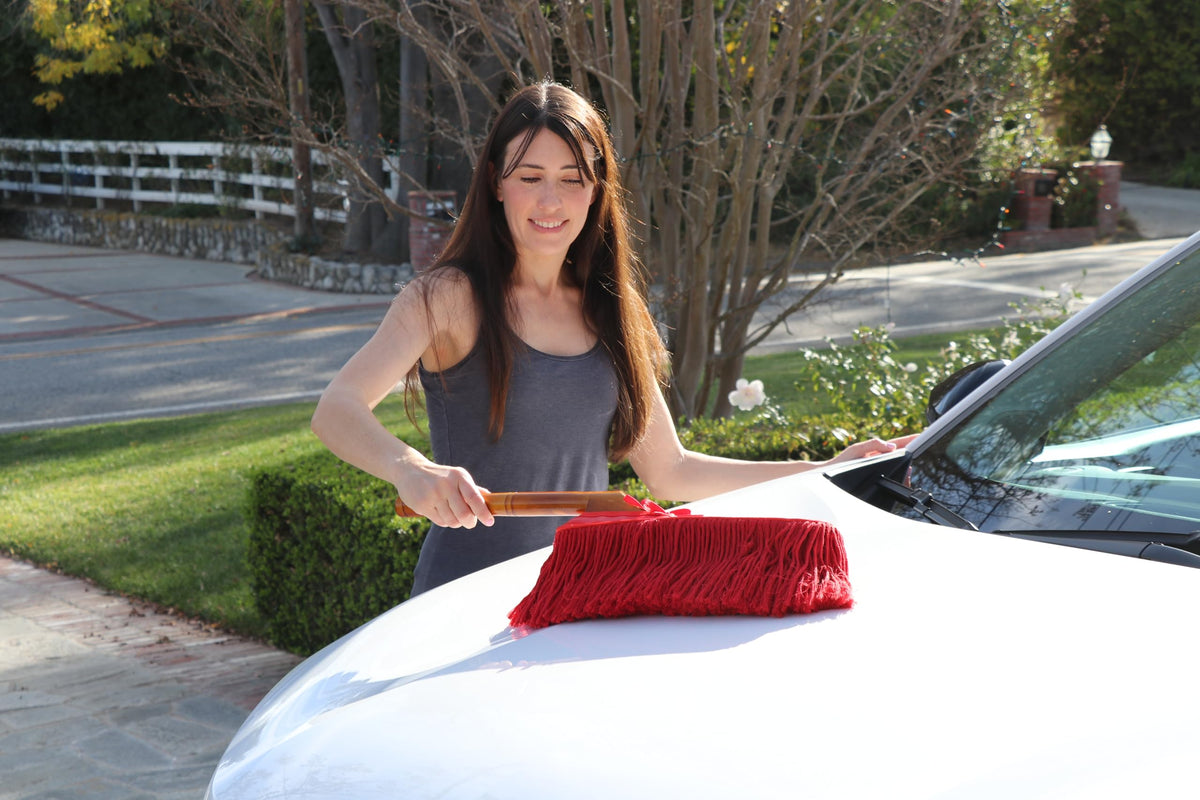 California Car Duster wooden handle detail demonstrating sturdy grip and balanced reach