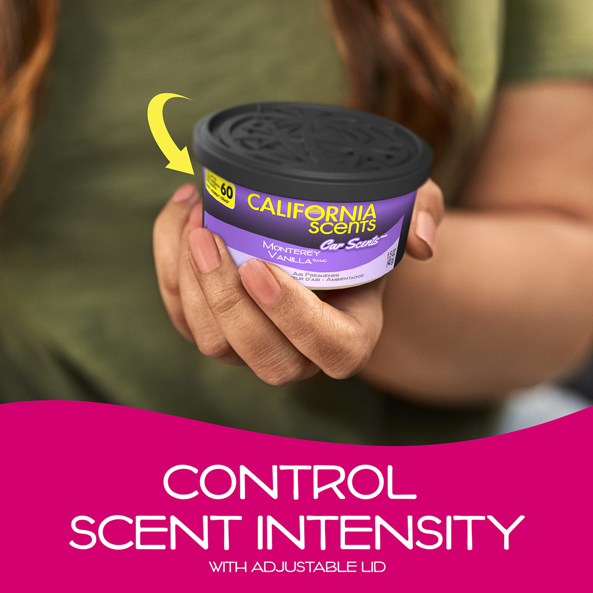California Scents can on bathroom shelf showing home use and odor control